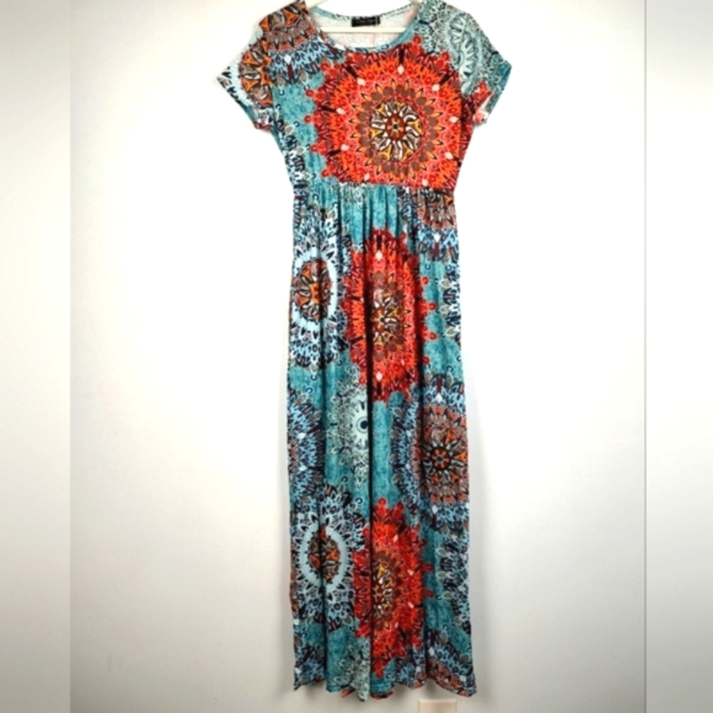 Coeur De Vague Blue Medallion Pocket Maxi Dress, Size L